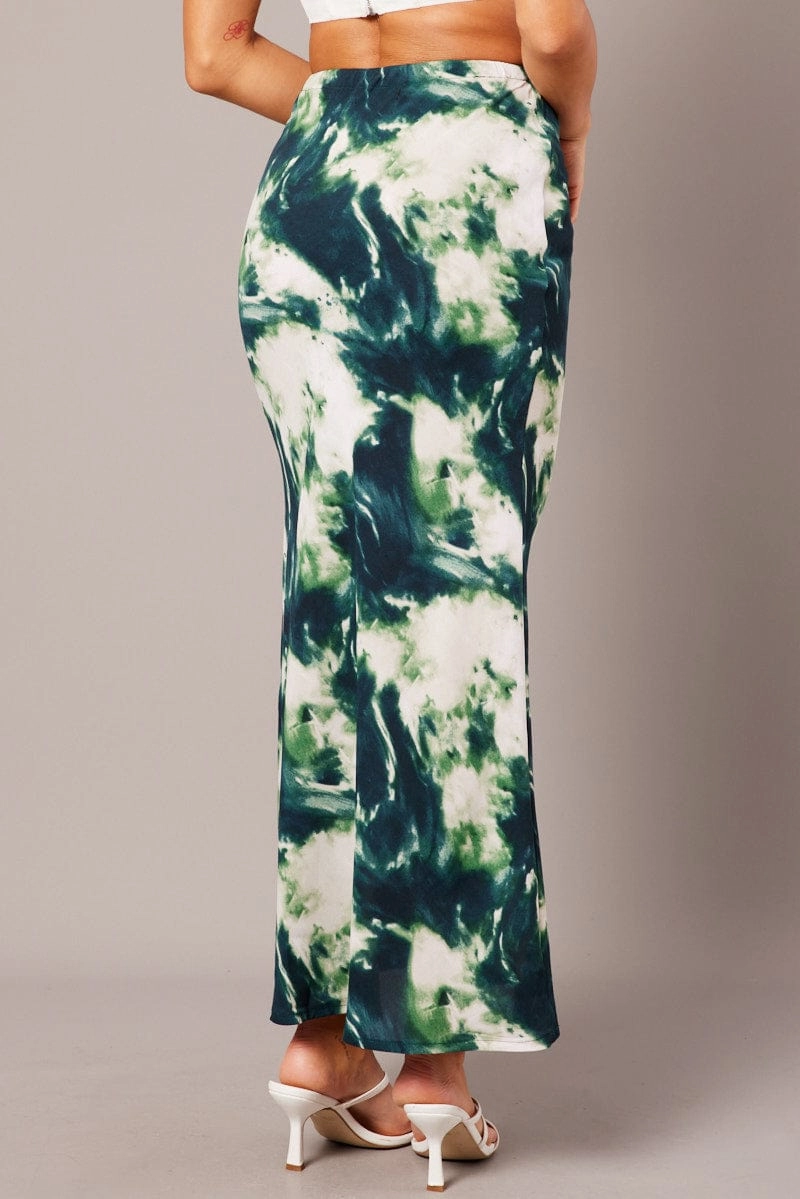Green Abstract Slip Skirt Maxi Drawstring Waist