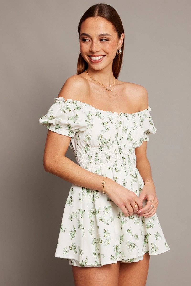Green Floral Ruffle Playsuit Short Sleeve Ruched Bust
