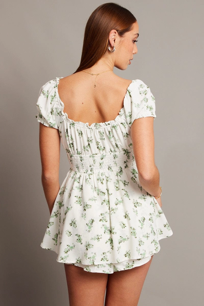 Green Floral Ruffle Playsuit Short Sleeve Ruched Bust