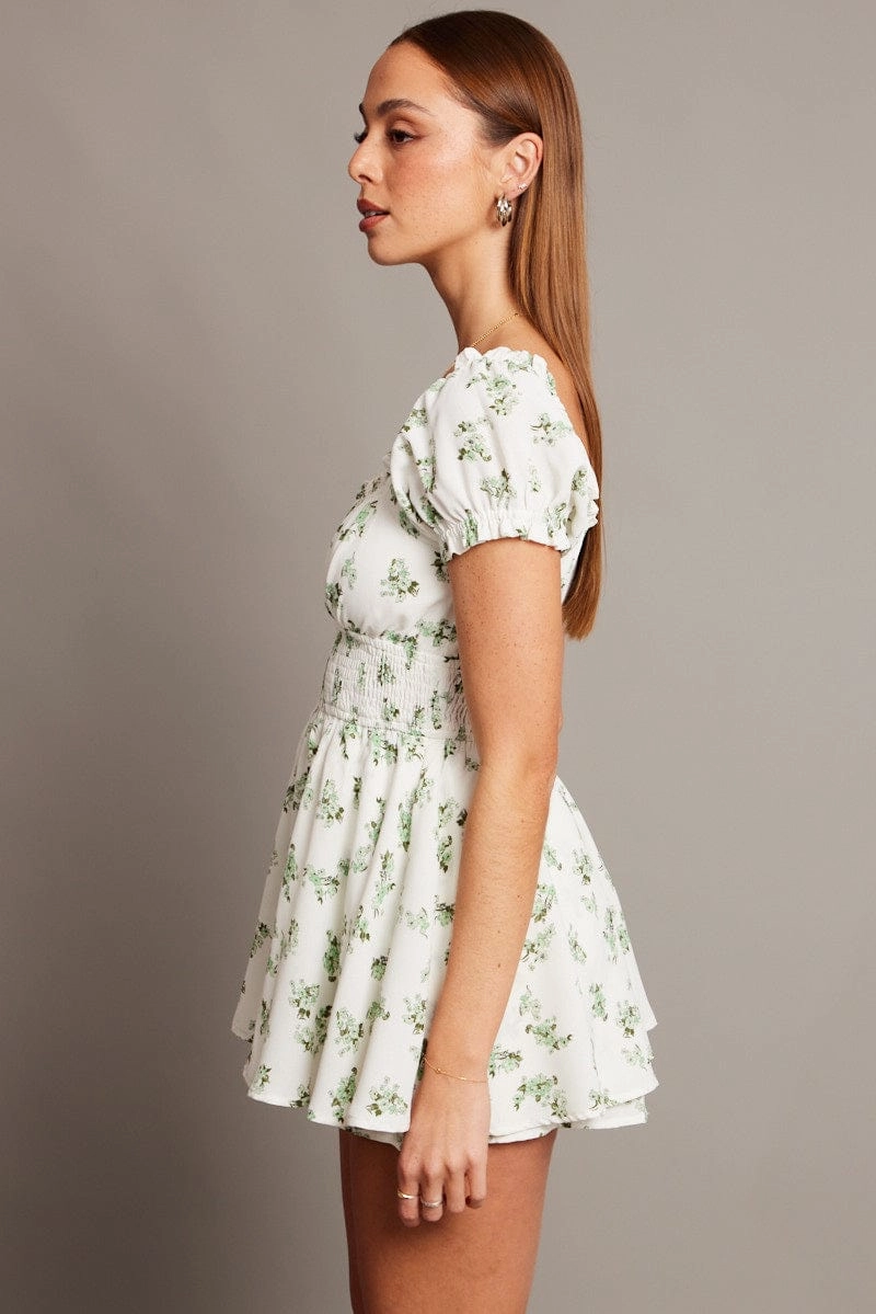 Green Floral Ruffle Playsuit Short Sleeve Ruched Bust