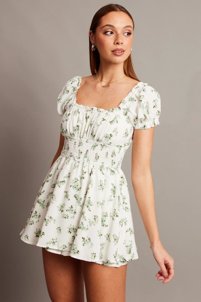 Green Floral Ruffle Playsuit Short Sleeve Ruched Bust