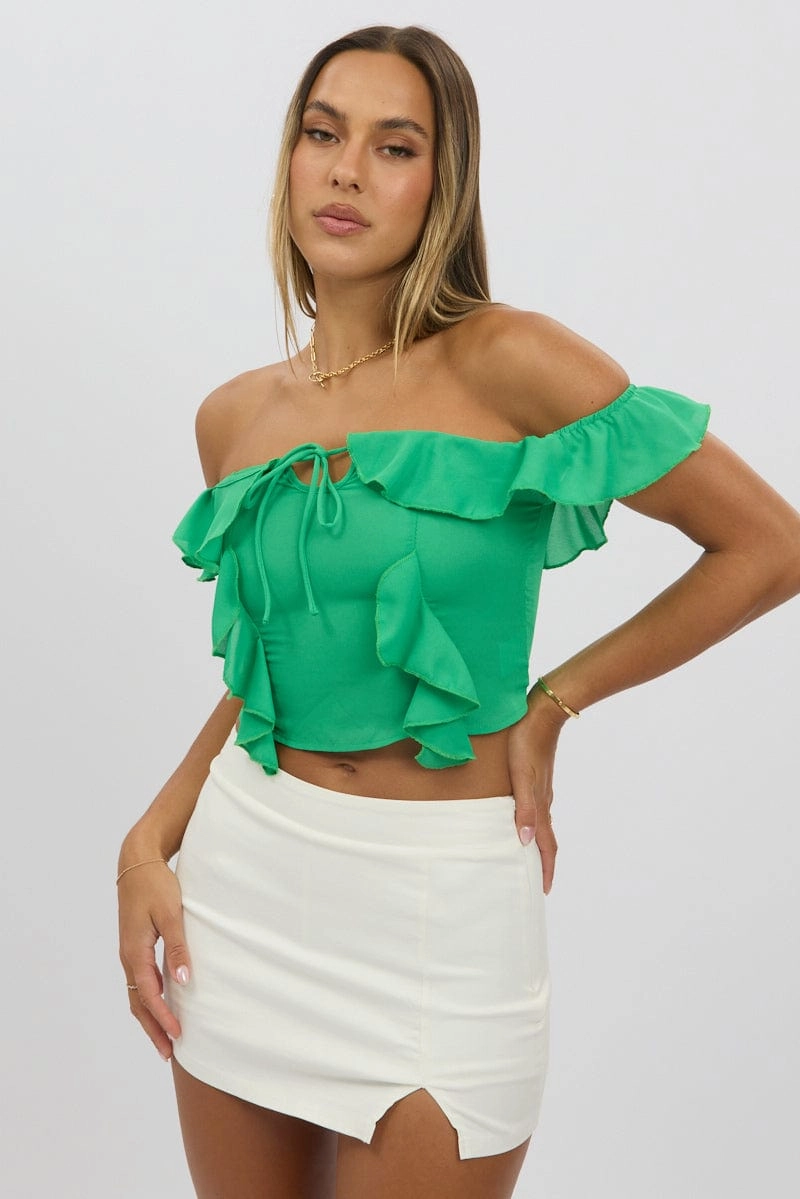 Green Frilled Top Sleeveless Off Shoulder Chiffon
