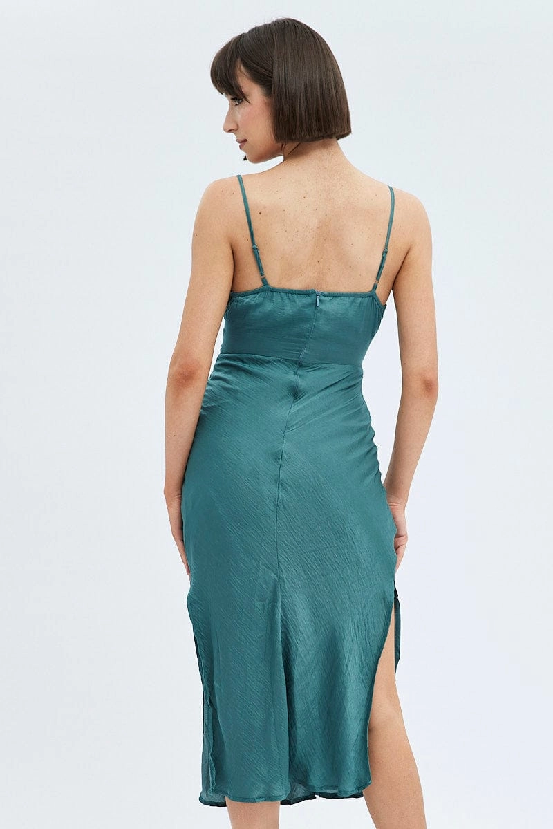 Green Maxi Dress Sleeveless Ruched Bust Satin