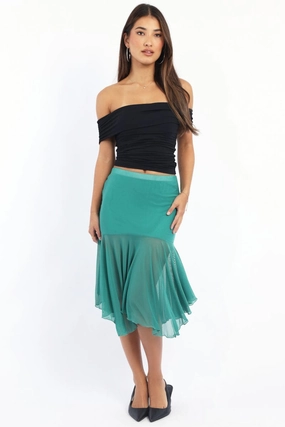 Green Midi Skirt Scarf Hem Asymmetric Mesh Lined