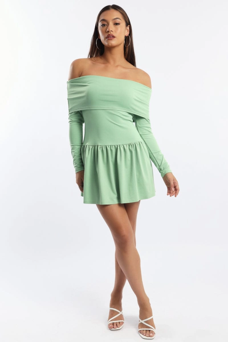 Green Off Shoulder Mini Dress