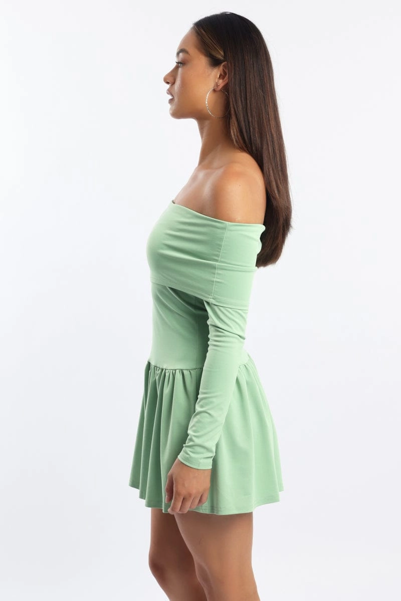 Green Off Shoulder Mini Dress