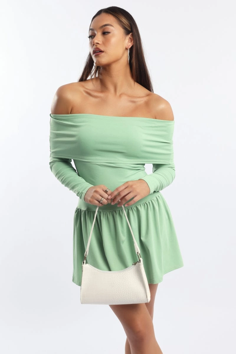 Green Off Shoulder Mini Dress
