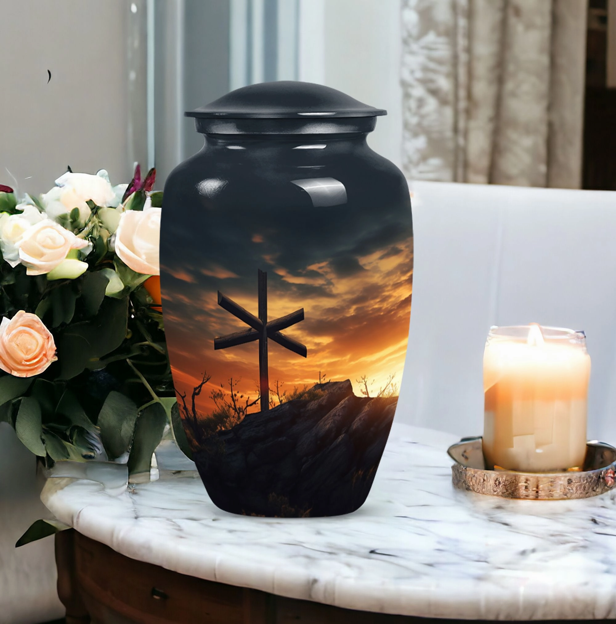 Loving Memories: Adult Female Cremation Urn with Jesus Theme