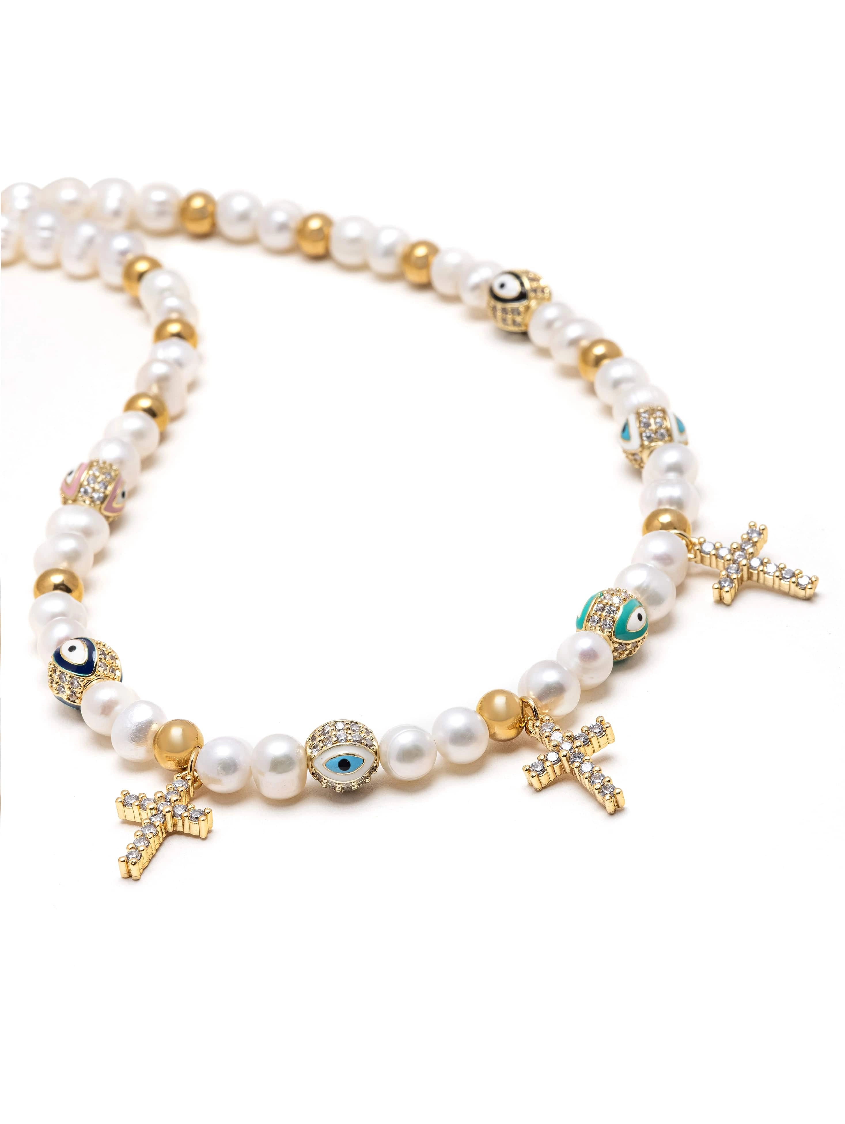 Men's Cross Pearl Choker with Evil Eyes