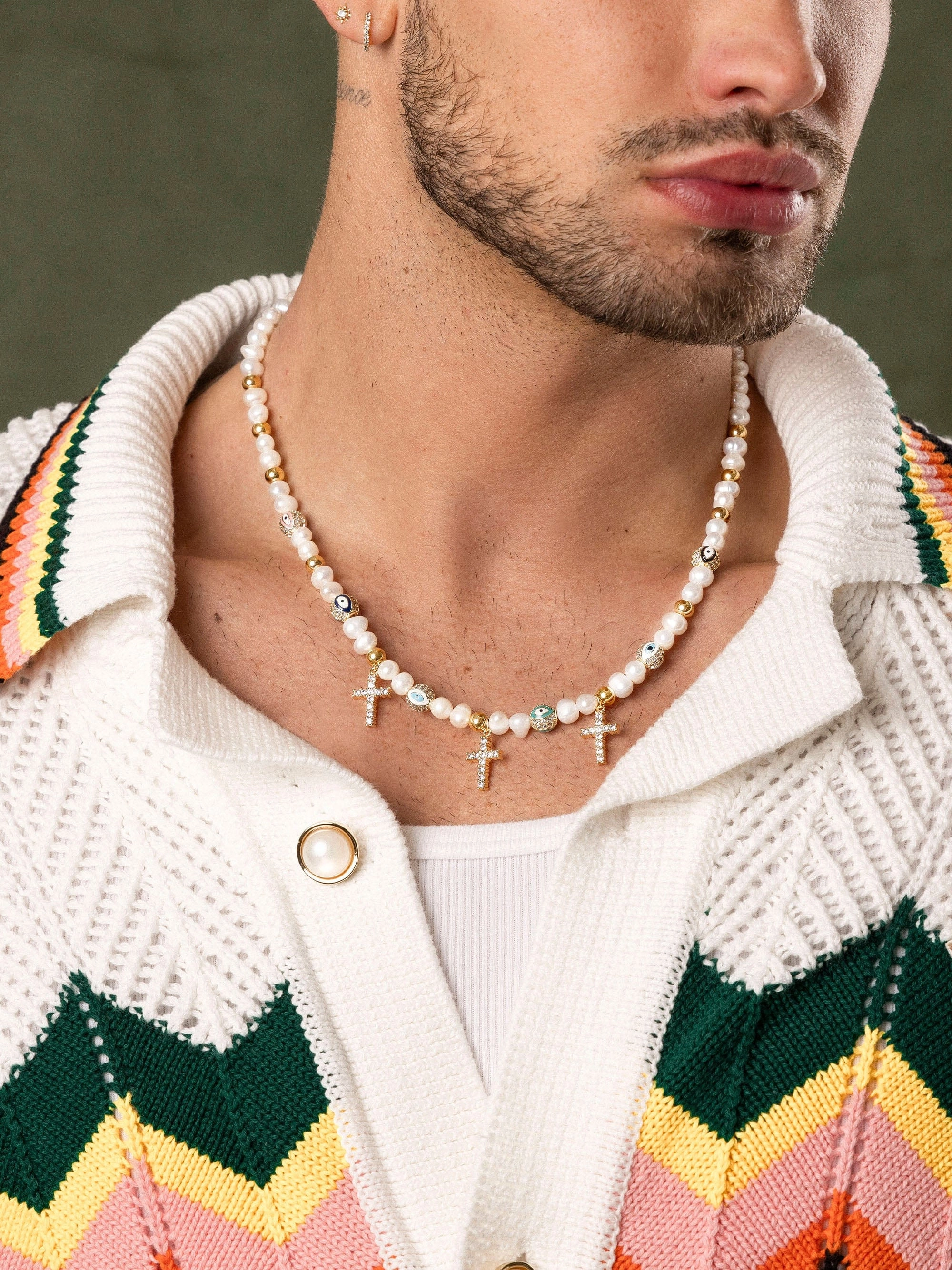 Men's Cross Pearl Choker with Evil Eyes