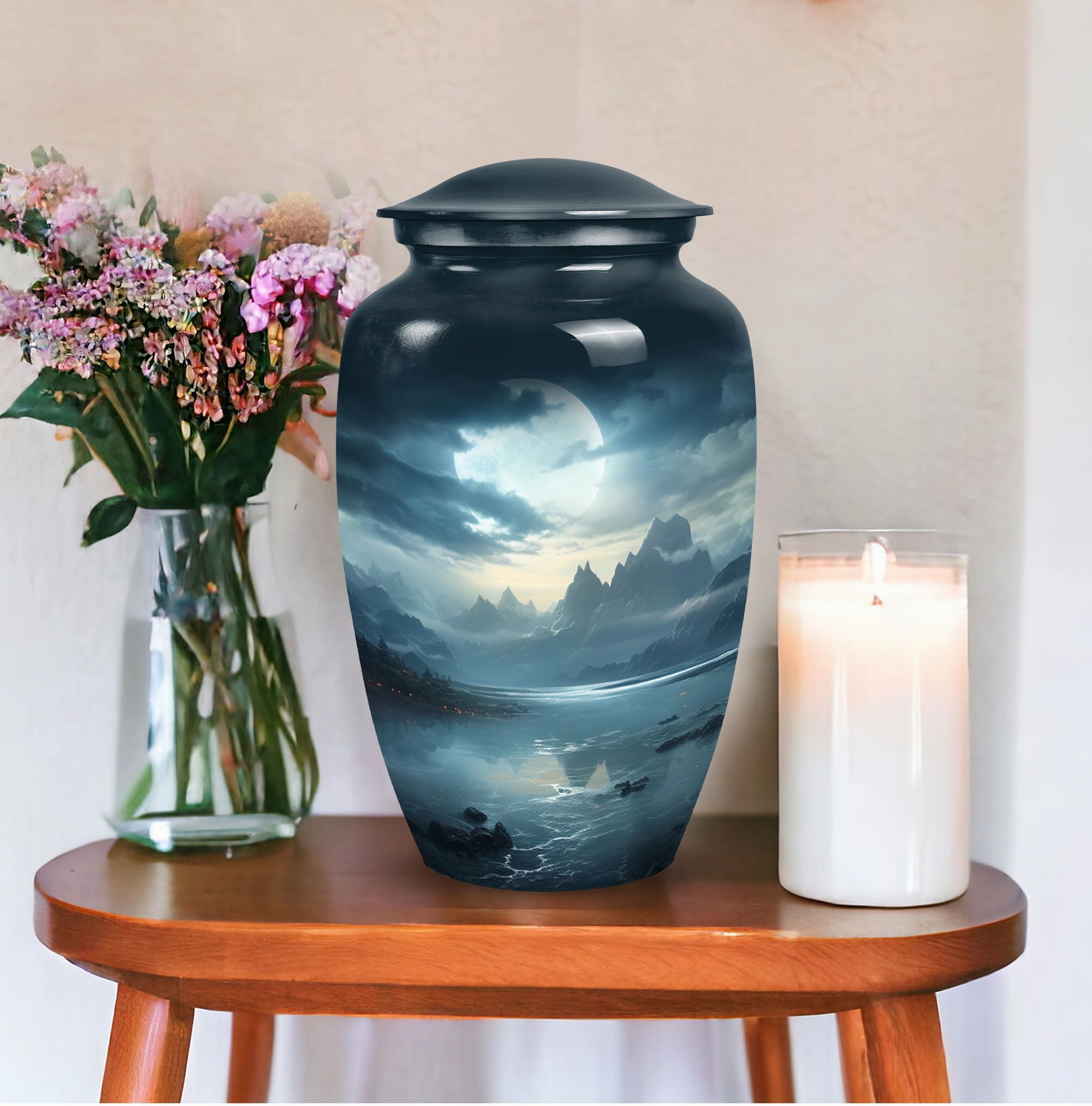 Moonlit Memorial Metal Urns: Large Funeral Ash Holders for Adults
