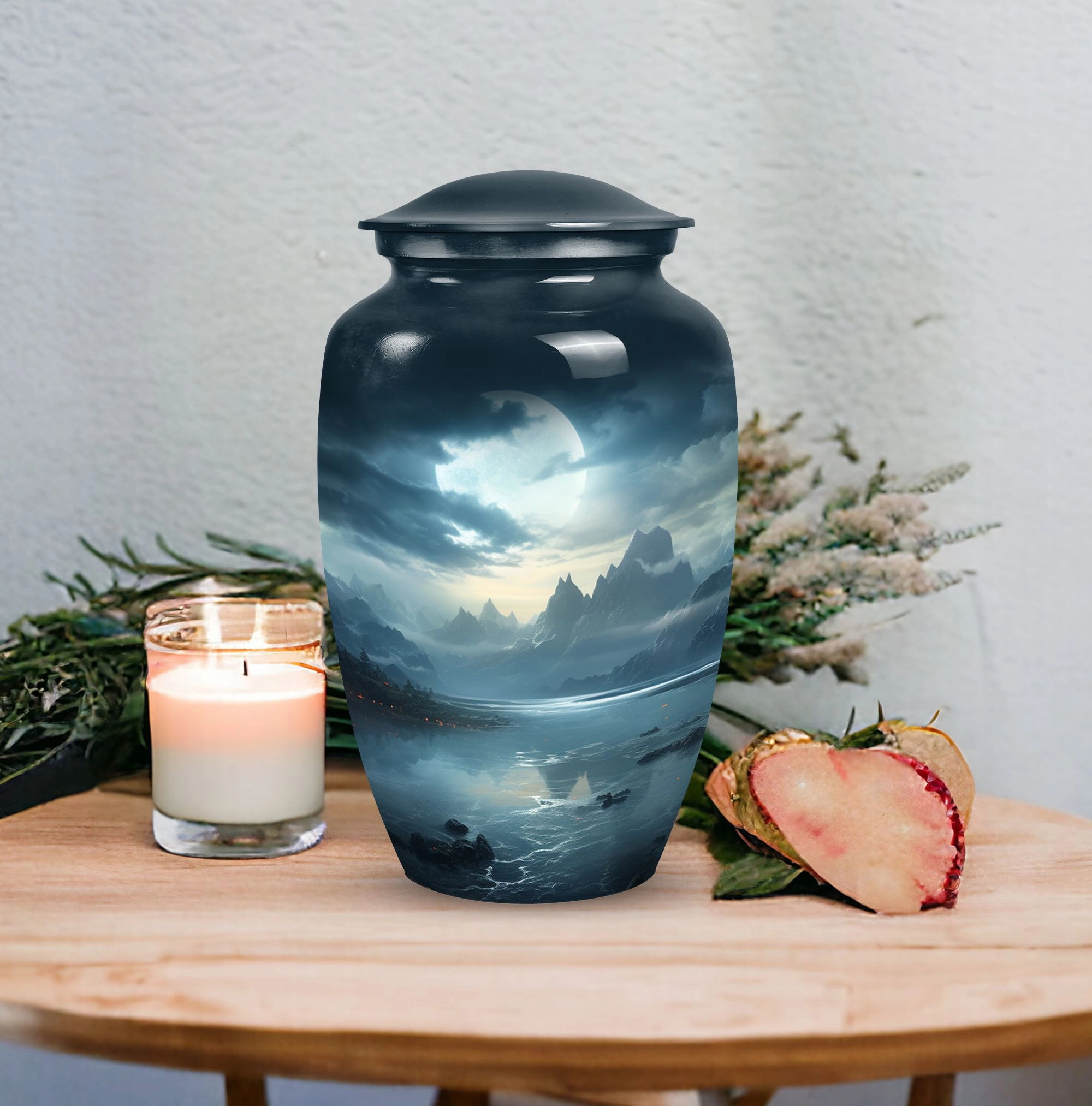 Moonlit Memorial Metal Urns: Large Funeral Ash Holders for Adults