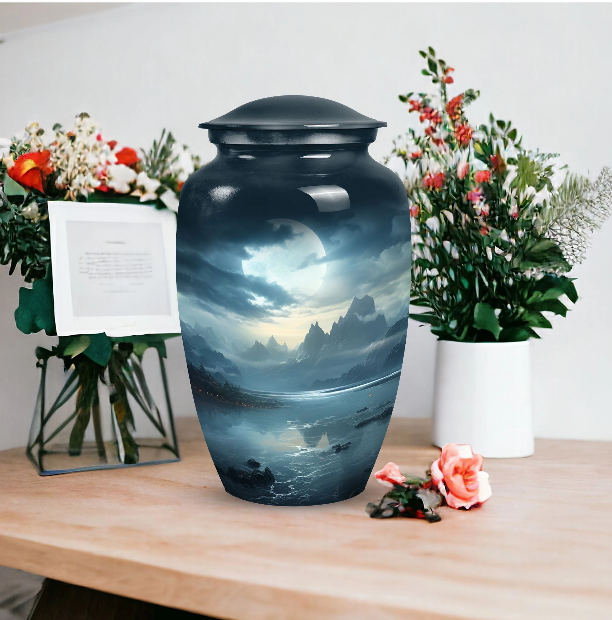 Moonlit Memorial Metal Urns: Large Funeral Ash Holders for Adults