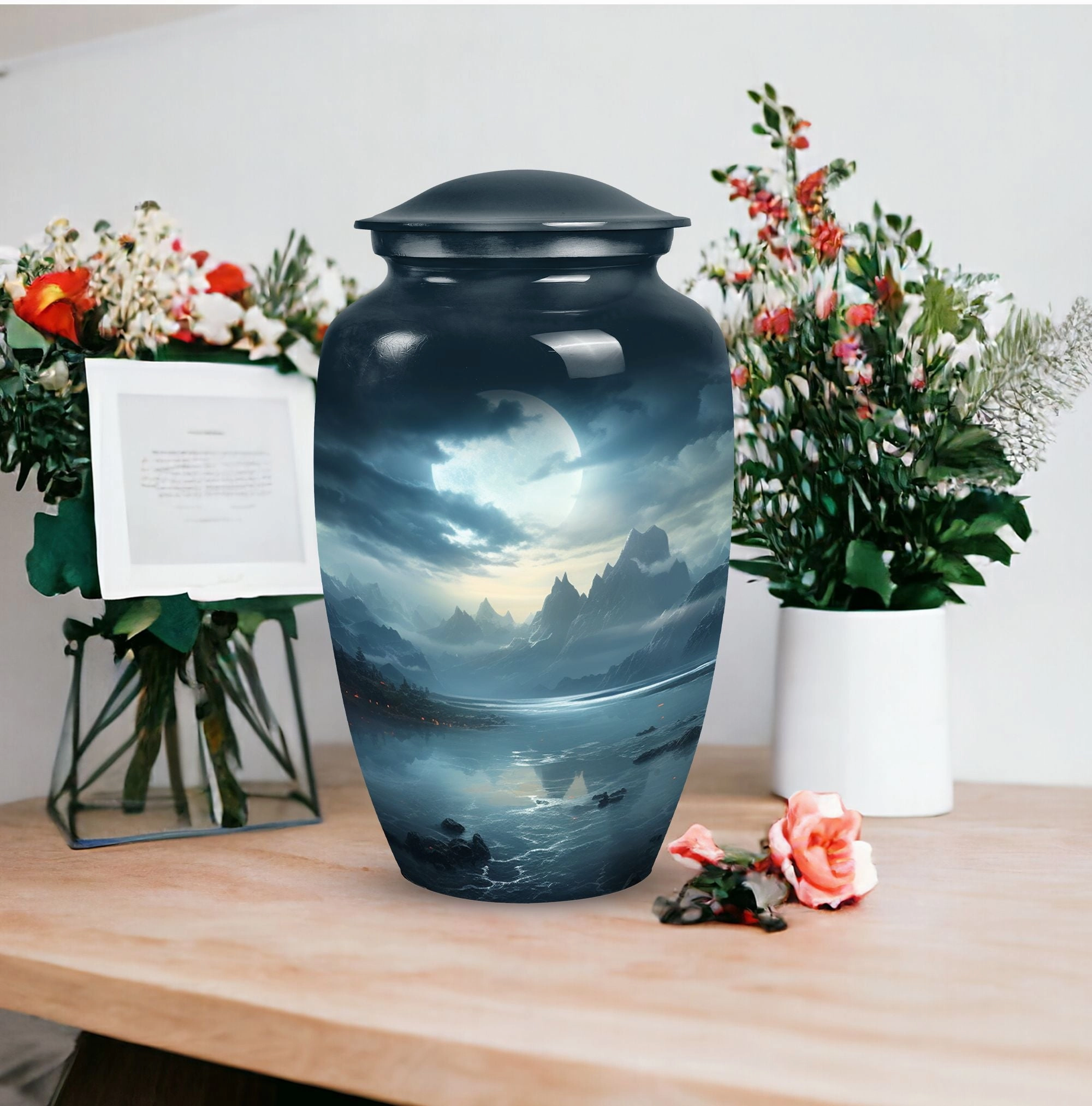 Moonlit Memorial Metal Urns: Large Funeral Ash Holders for Adults