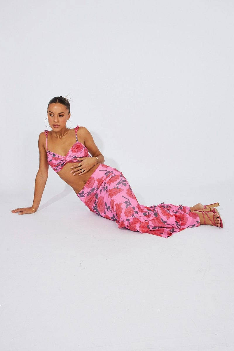 Multi Floral Maxi Skirt Mesh Asymmetric Ruffle