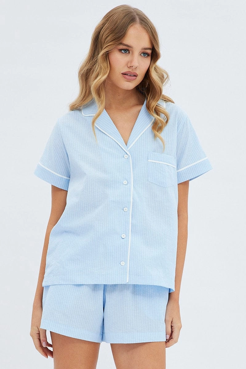 Multi Stripe Stripe Pyjama Piping Button Pj Set