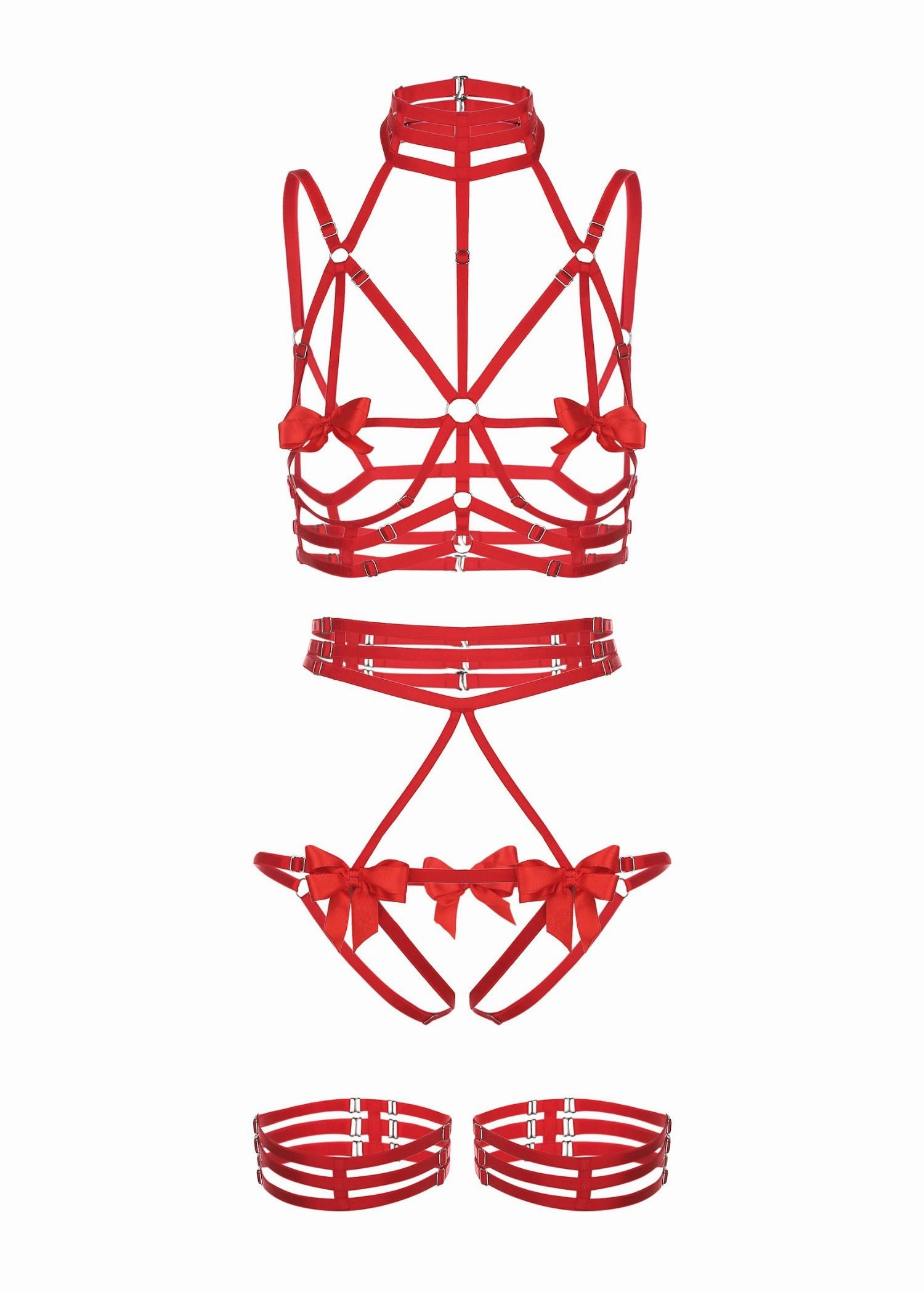 Night Of Secrets Set Open Bra, Ouvert Panties with Garters (Red)