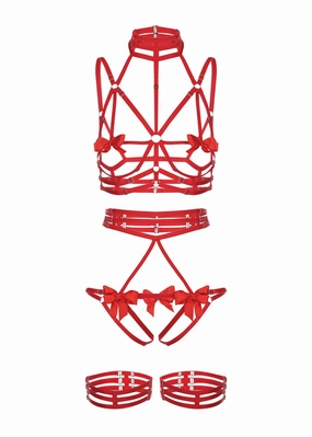 Night Of Secrets Set Open Bra, Ouvert Panties with Garters (Red)