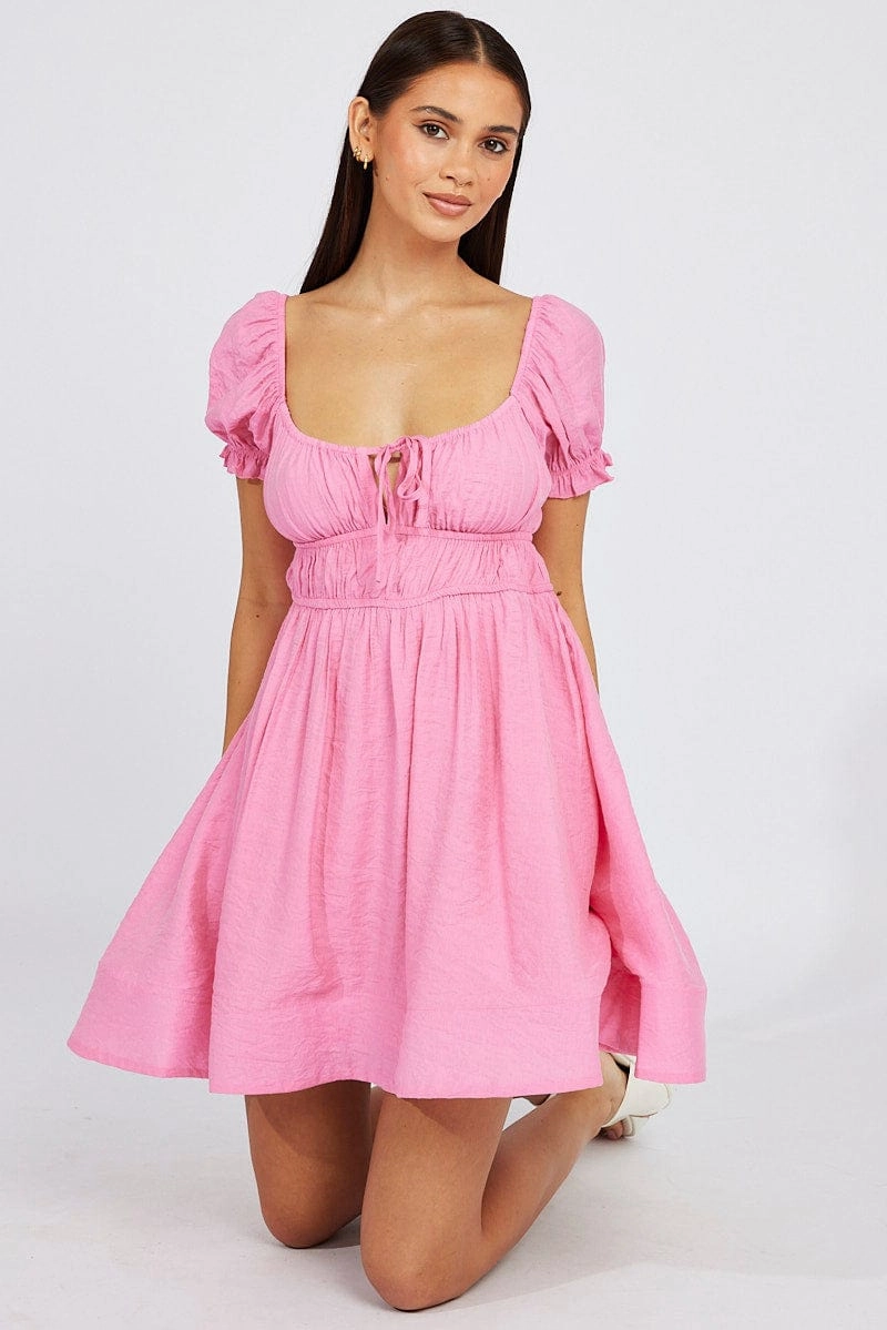 Pink Fit and Flare Dress Short Sleeve Ruched
