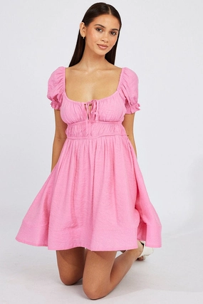 Pink Fit and Flare Dress Short Sleeve Ruched