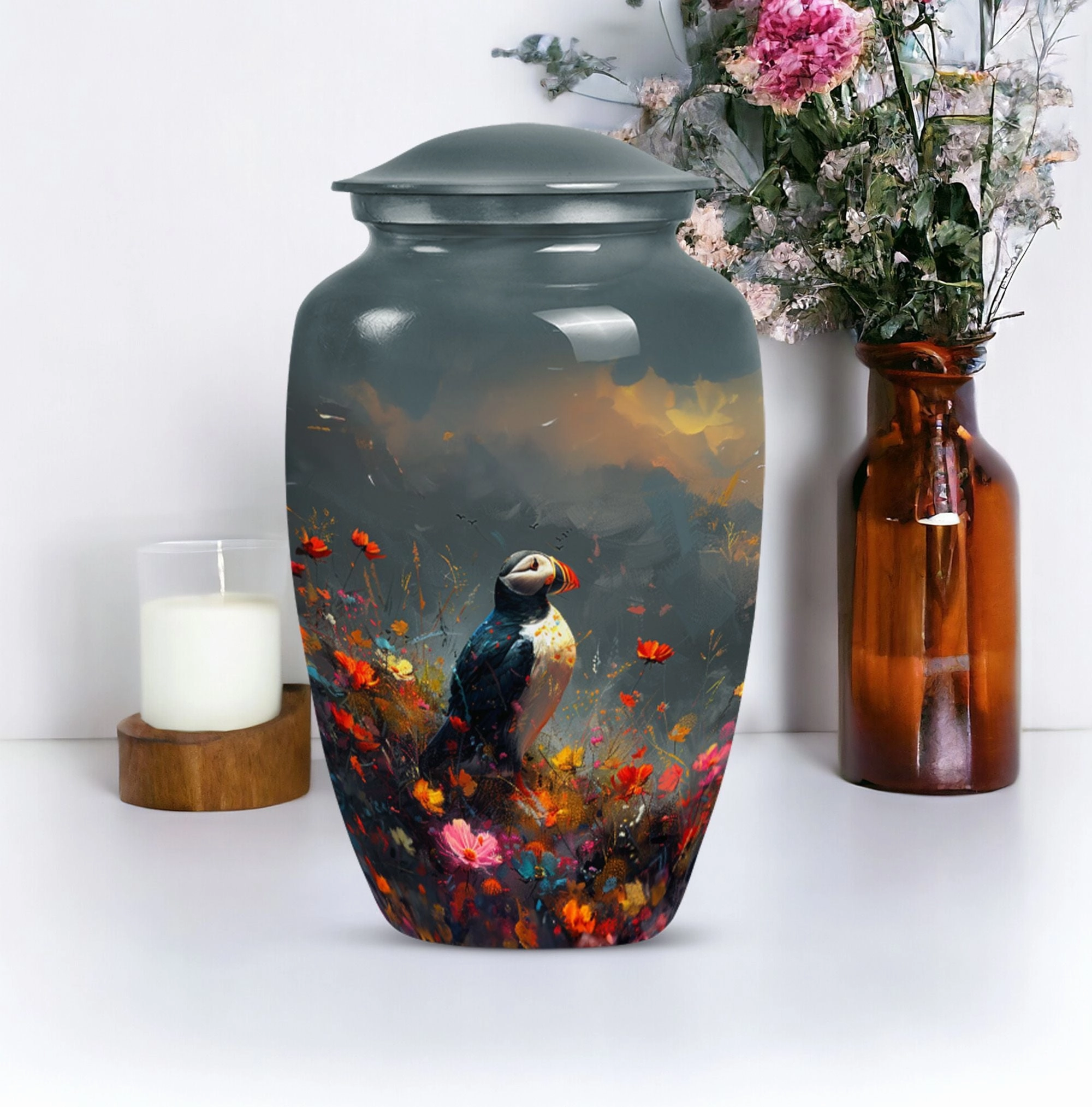 Puffin Bird Tribute: Admiring cremation urn for adult ashes