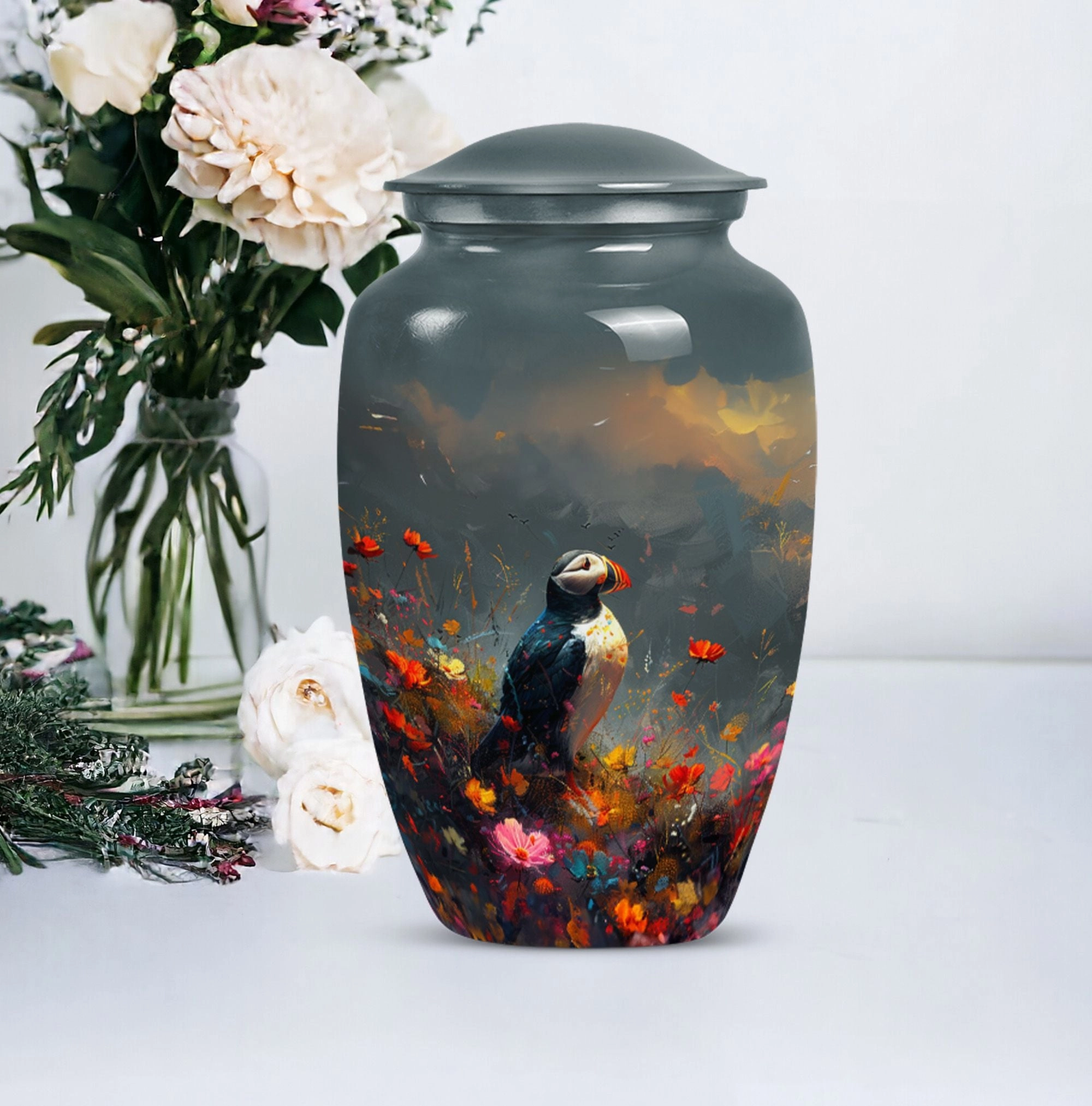 Puffin Bird Tribute: Admiring cremation urn for adult ashes
