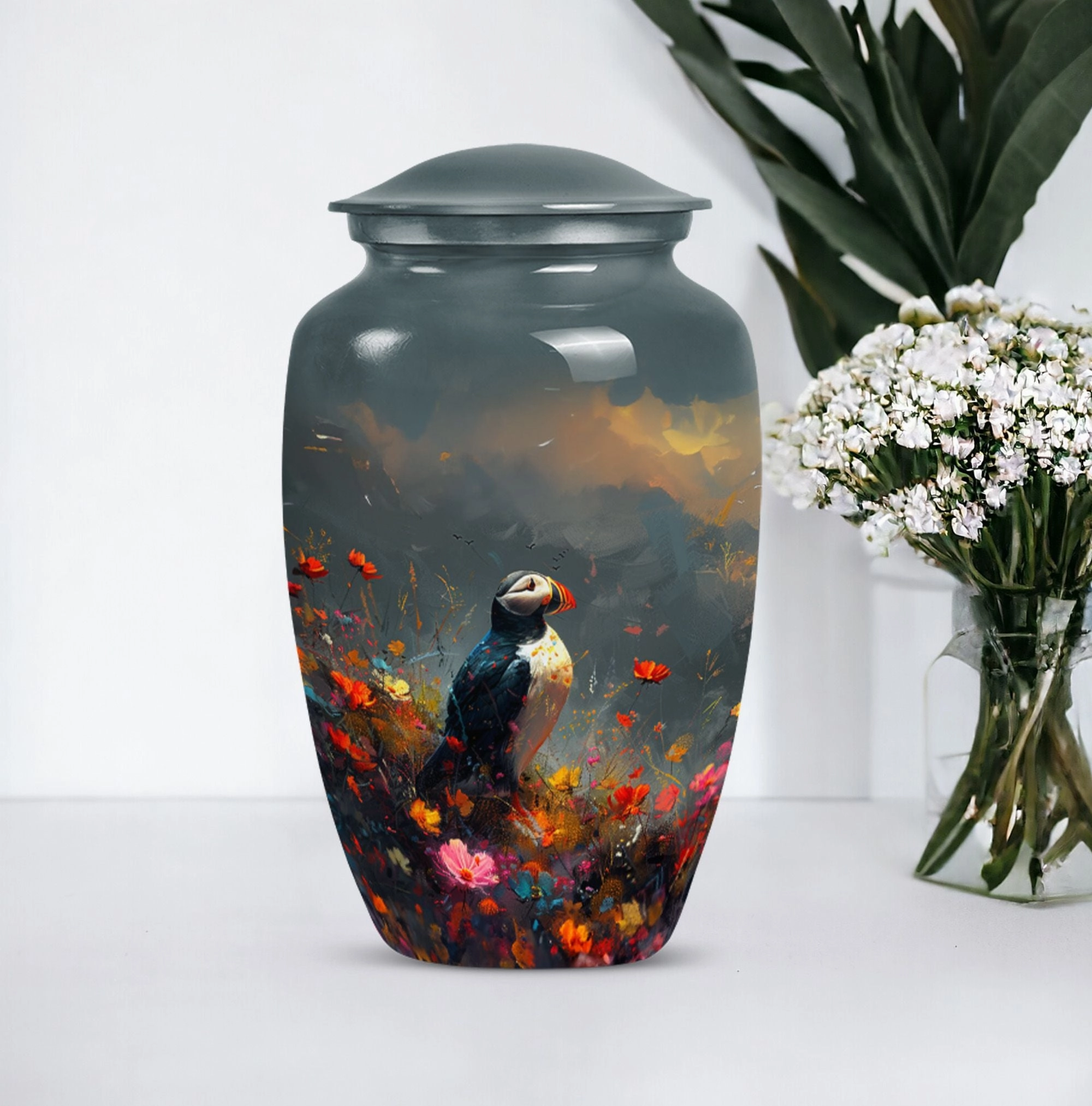 Puffin Bird Tribute: Admiring cremation urn for adult ashes