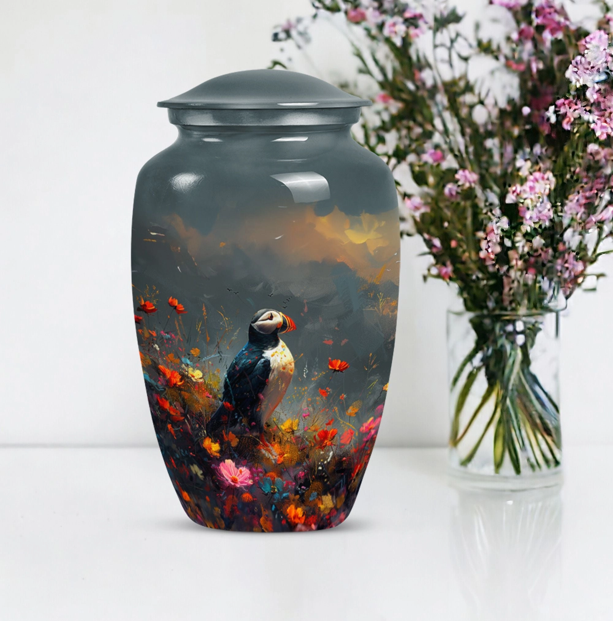 Puffin Bird Tribute: Admiring cremation urn for adult ashes
