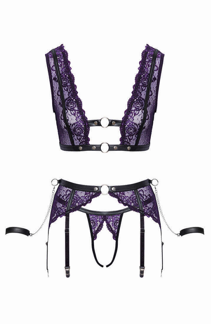 Purple lingerie set with restraints - Curious Voyeur