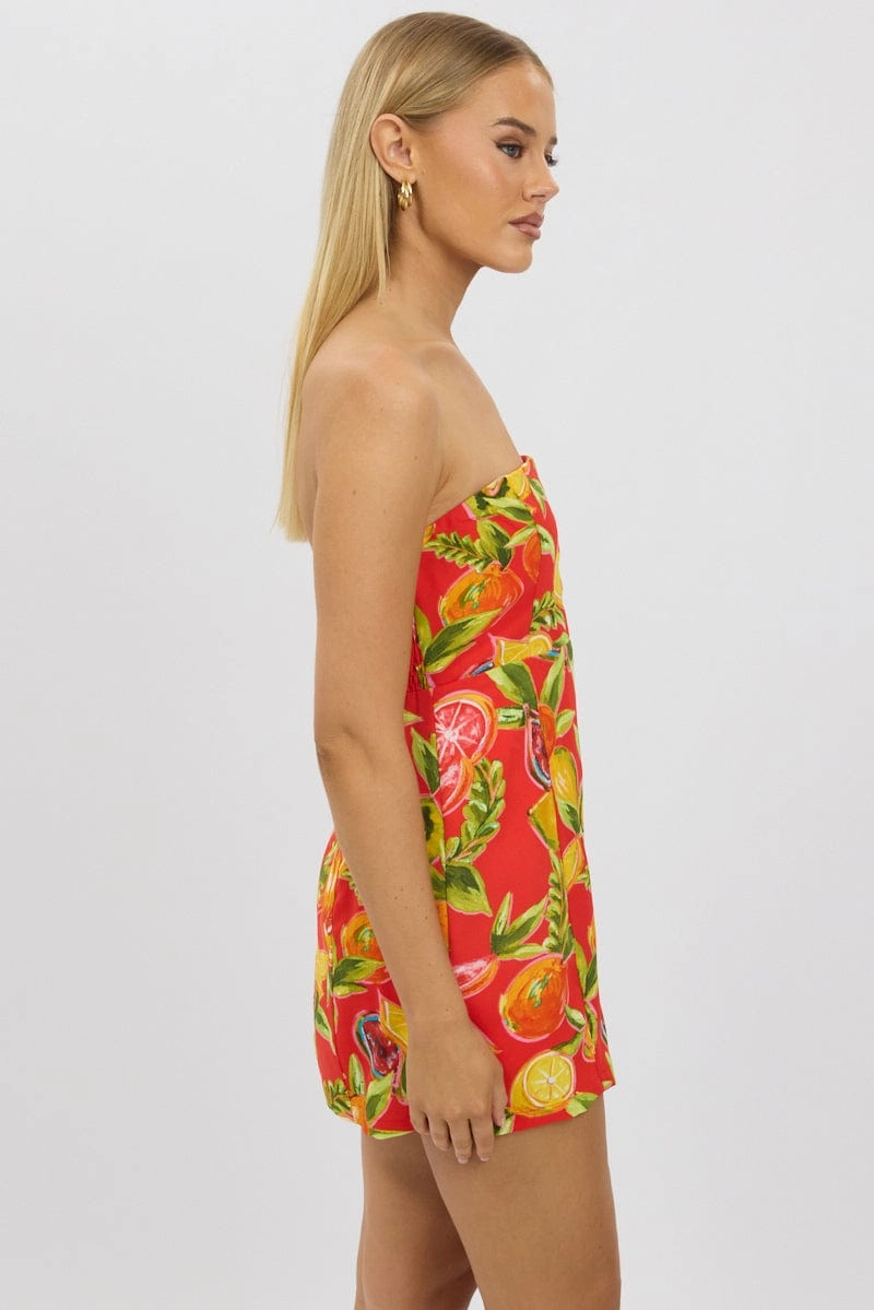Red Abstract Strapless Mini Dress