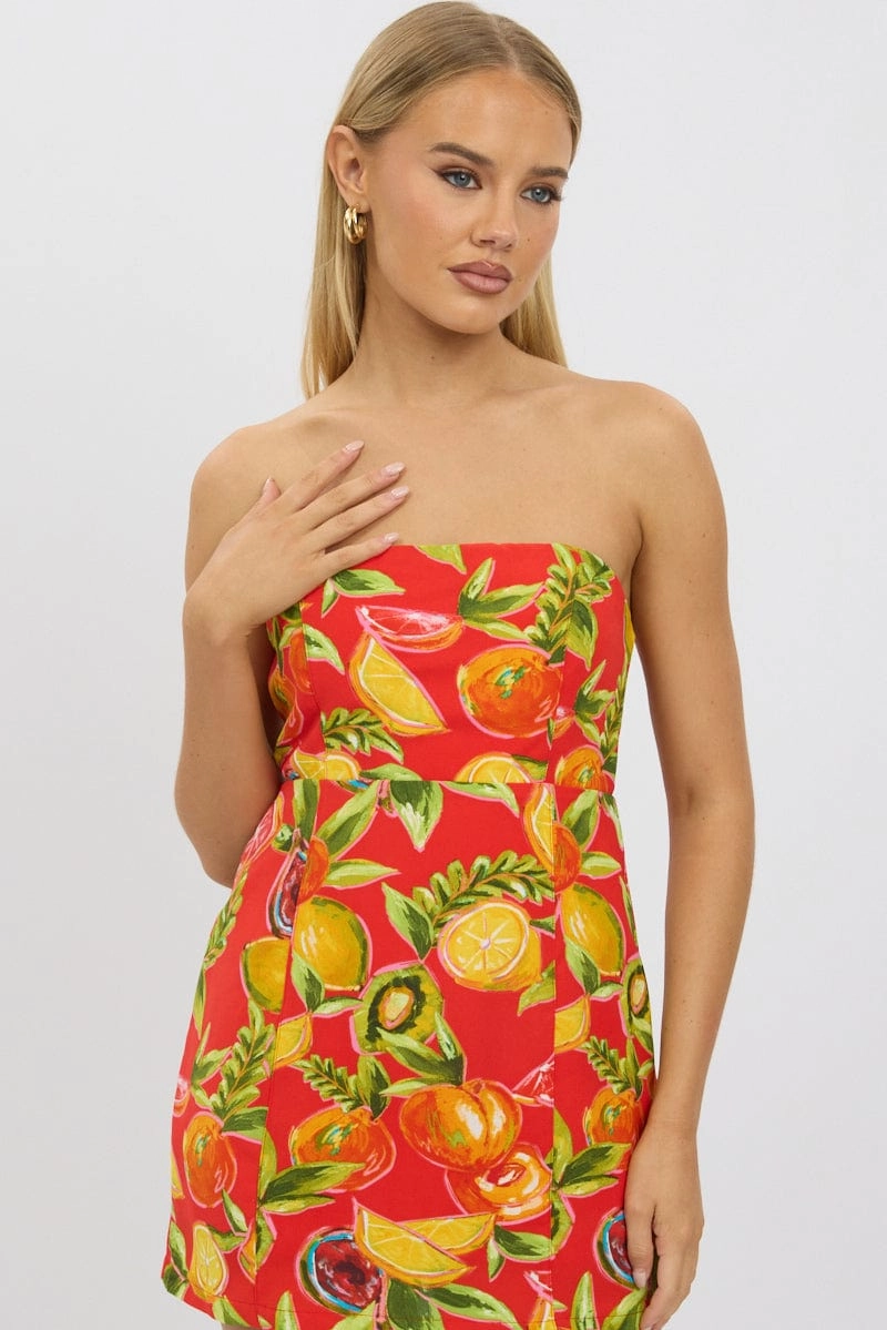 Red Abstract Strapless Mini Dress