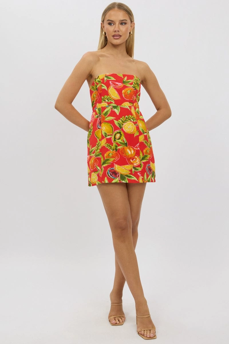 Red Abstract Strapless Mini Dress