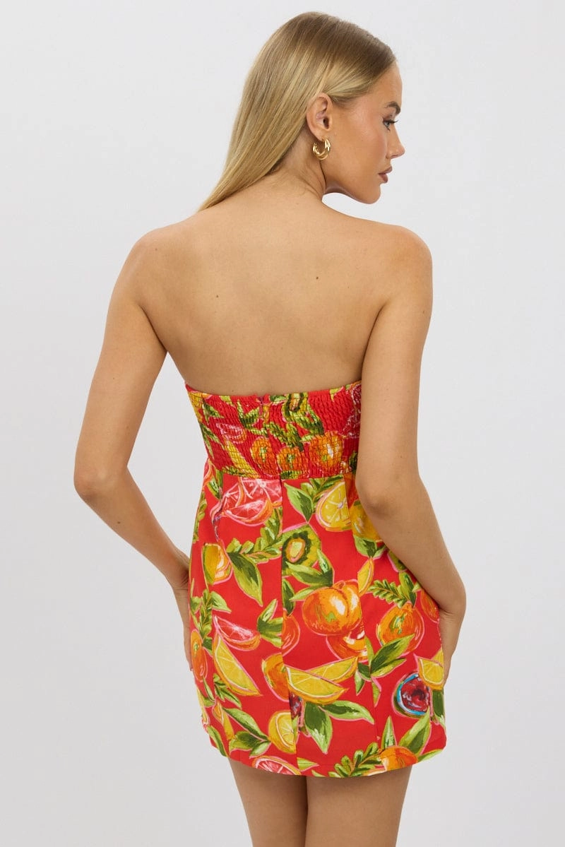 Red Abstract Strapless Mini Dress