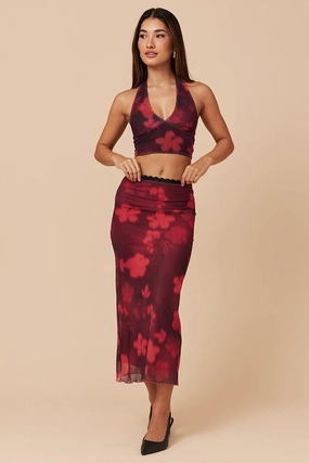 Red Floral Mesh Skirt Elasticated Lace Trim Midaxi