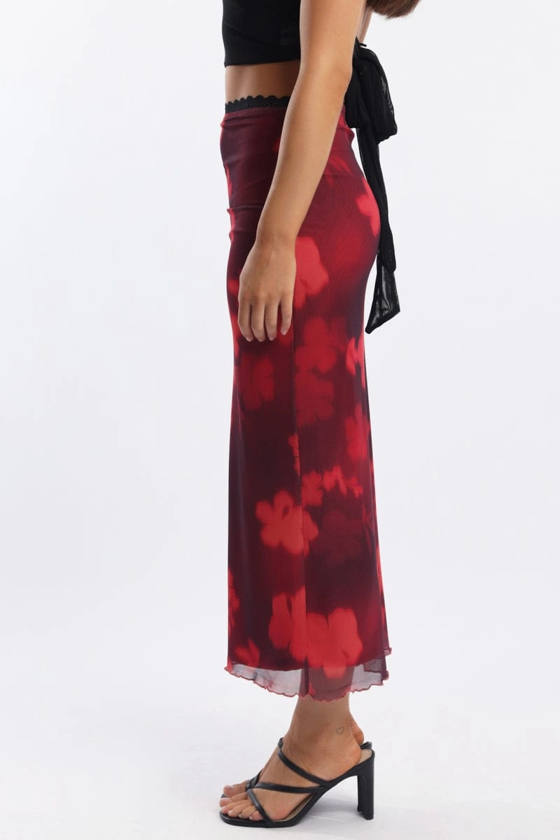 Red Floral Mesh Skirt Elasticated Lace Trim Midaxi