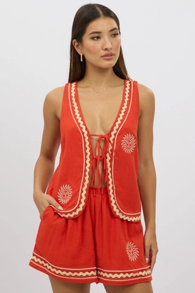 Red Linen Vest Sleeveless Embo