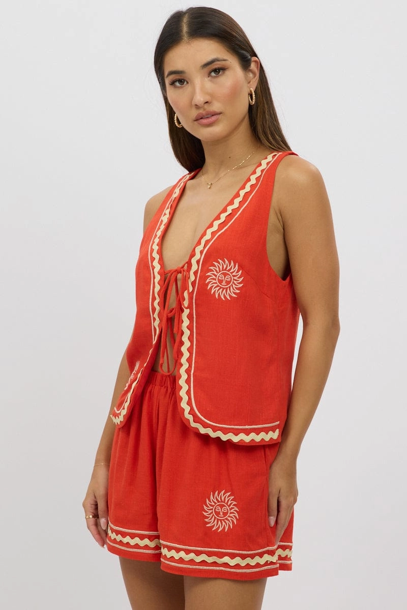 Red Linen Vest Sleeveless Embo