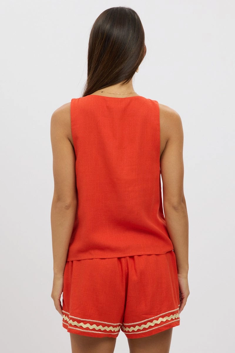 Red Linen Vest Sleeveless Embo
