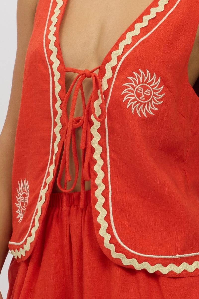 Red Linen Vest Sleeveless Embo