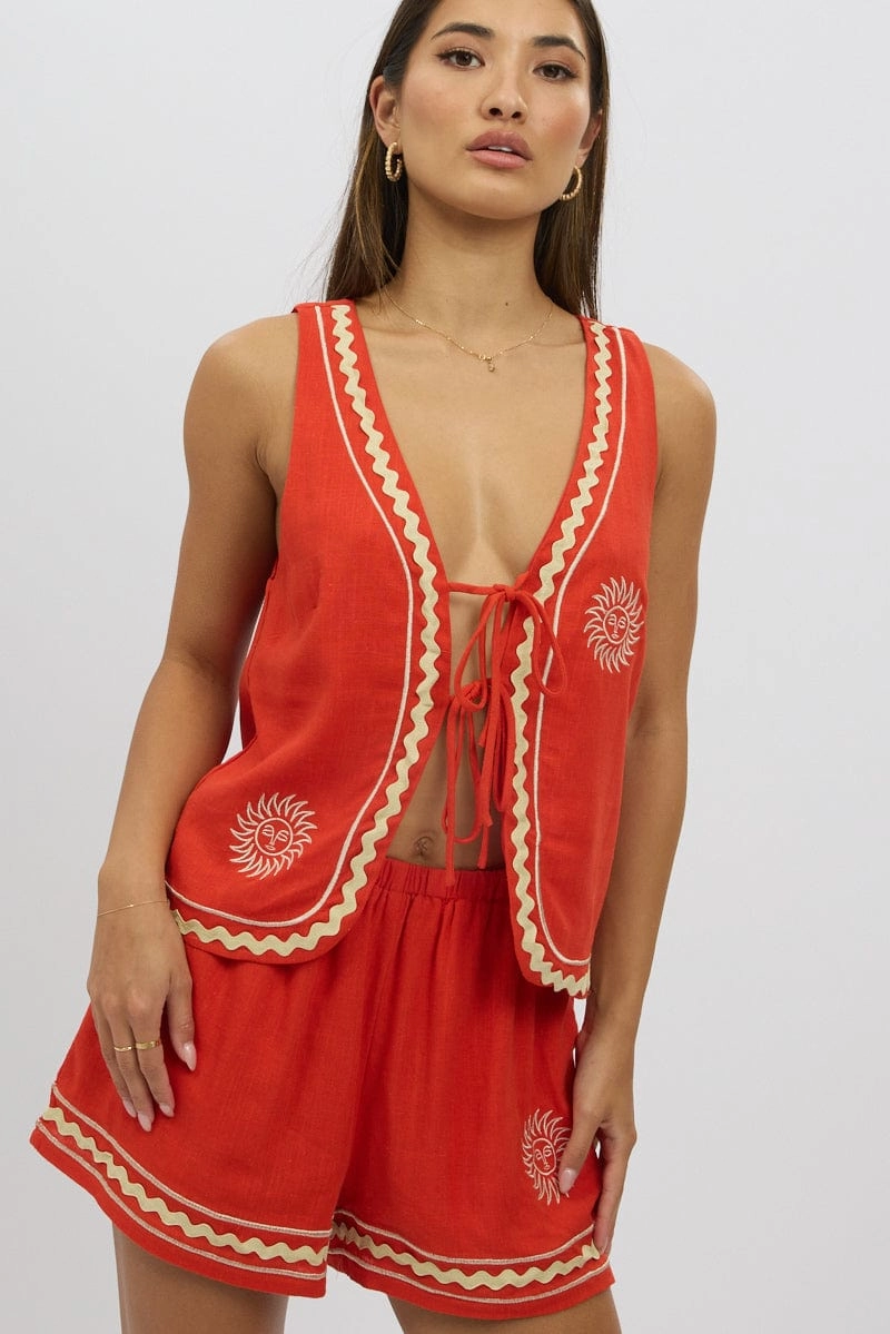 Red Linen Vest Sleeveless Embo