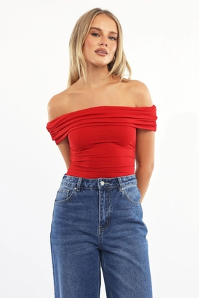 Red Off Shoulder Bodysuit Supersoft