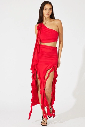 Red Ruffle Maxi Skirt