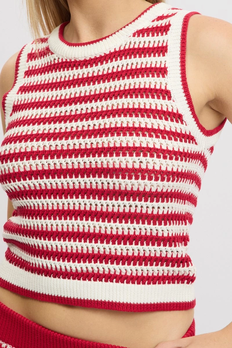 Red Stripe Crochet Knit Vest Sleeveless