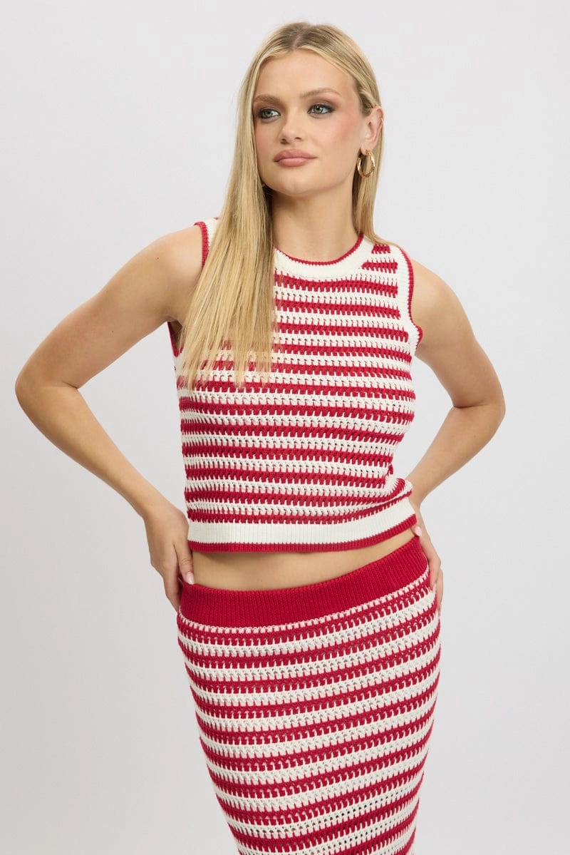 Red Stripe Crochet Knit Vest Sleeveless