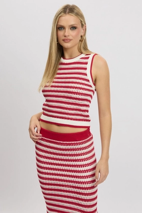 Red Stripe Crochet Knit Vest Sleeveless