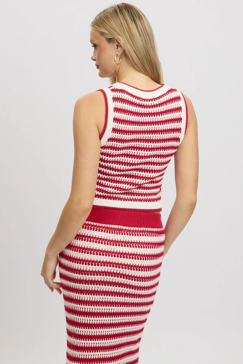 Red Stripe Crochet Knit Vest Sleeveless