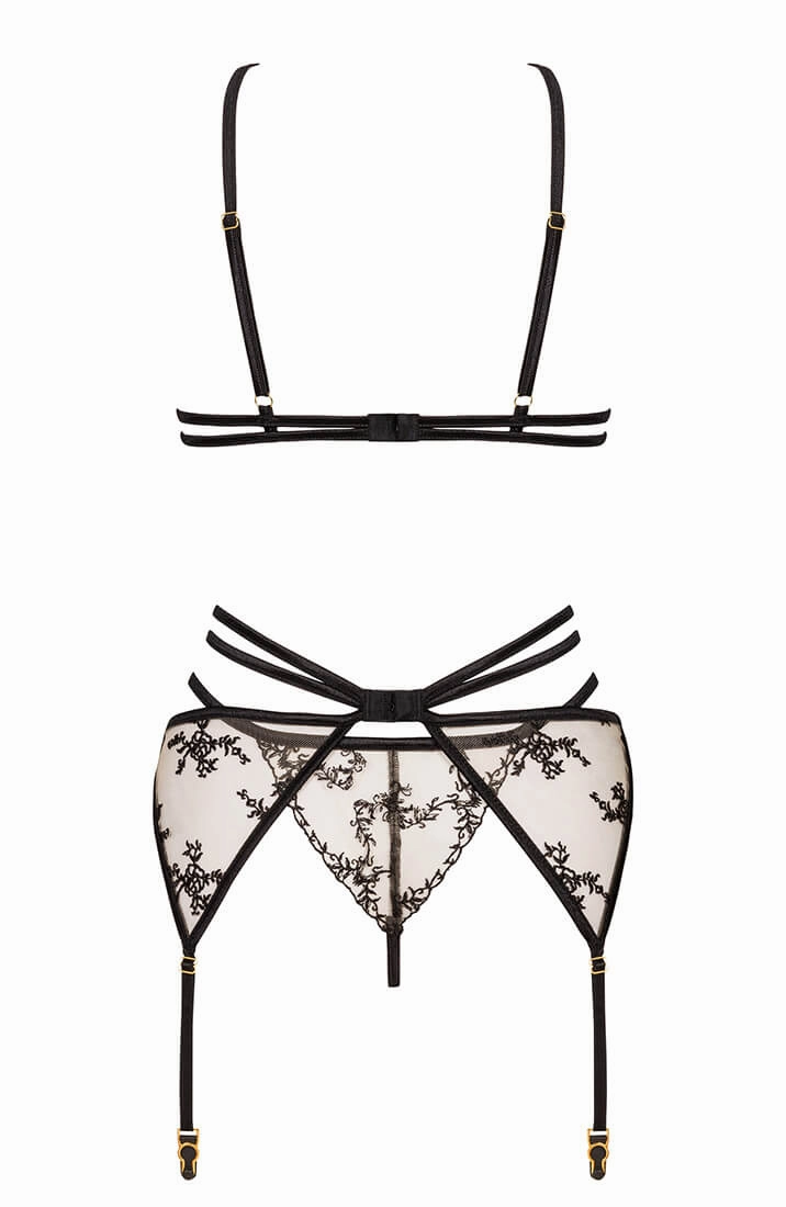 Sheer nude lingerie set with black lace - Ally
