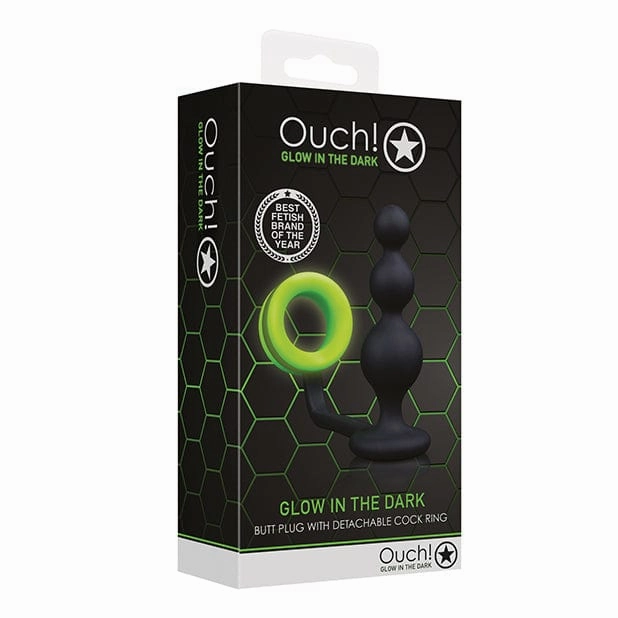 Shots - Ouch Beads Butt Plug with Cock Ring Glow in the Dark (Black)