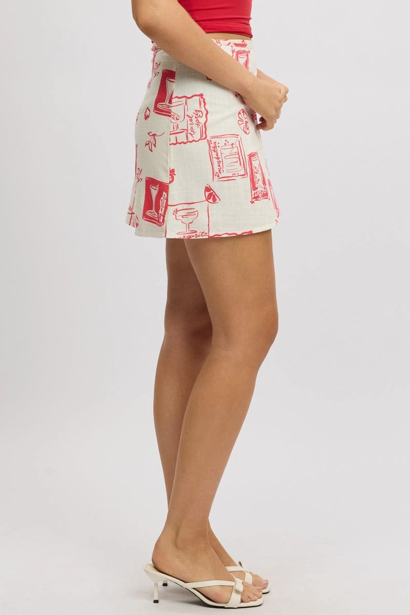 White Abstract Wrap Skirt High Rise Mini Linen Blend