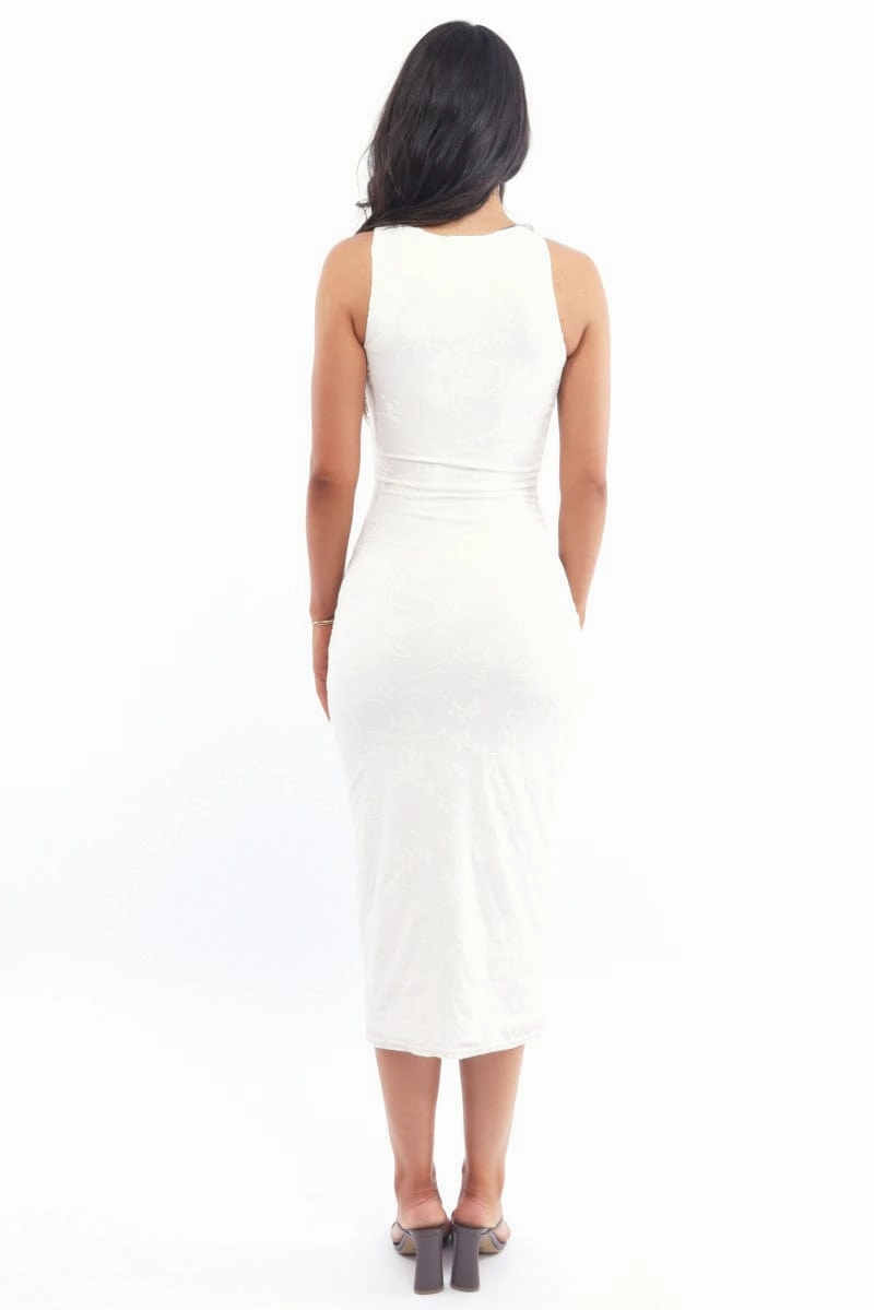 White Bodycon Dress Round Neck Sleeveless Burnout